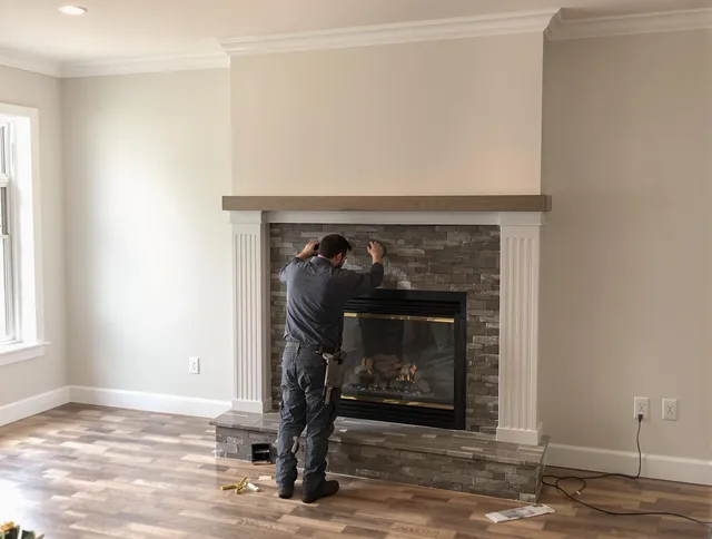 Costa Mesa Chimney Sweep finishing a custom fireplace install in Costa Mesa, CA
